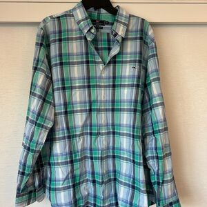 Vineyard Vines Men's Plaid Shirt - Green and Blue XL